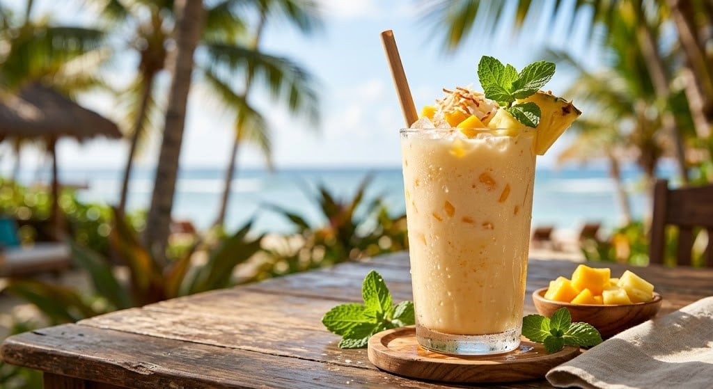 Creamy coconut mango pineapple refresher drink.