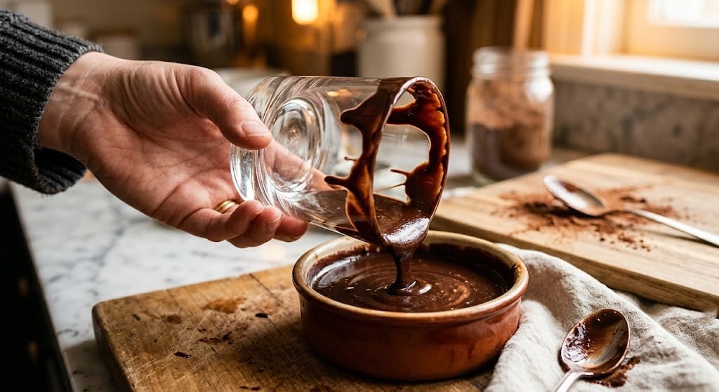 Dipping a glass rim into chocolate fudge sauce.