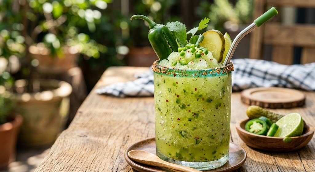 Spicy jalapeno pickle slush drink in a glass.