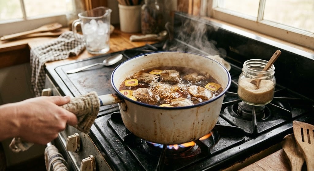 Brewing Southern sweet tea in a pot.
