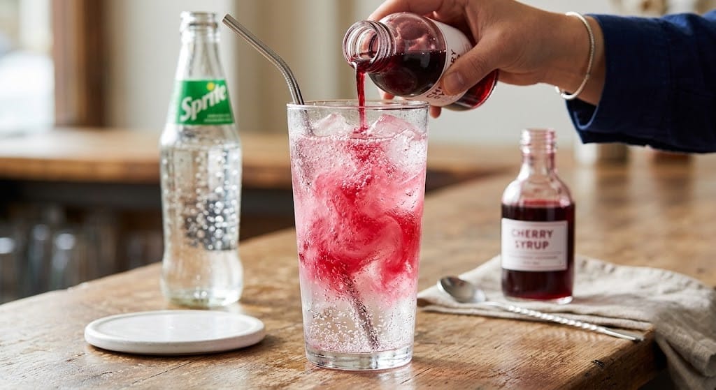 Fizzy Sprite mixing with cherry syrup to make pink soda.