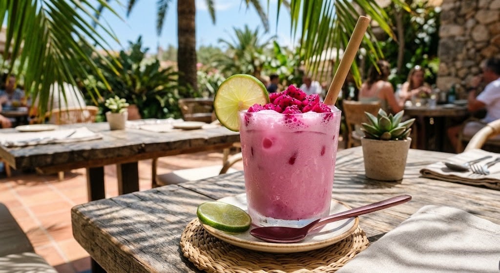 Homemade pink dragon fruit coconut refresher.