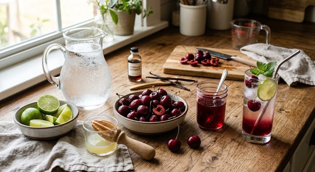 Ingredients for making a homemade cherry vanilla lime soda.