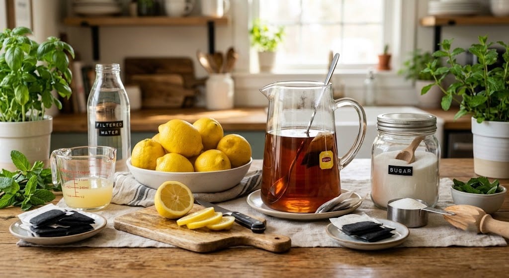 Ingredients for making homemade sweet tea lemonade.