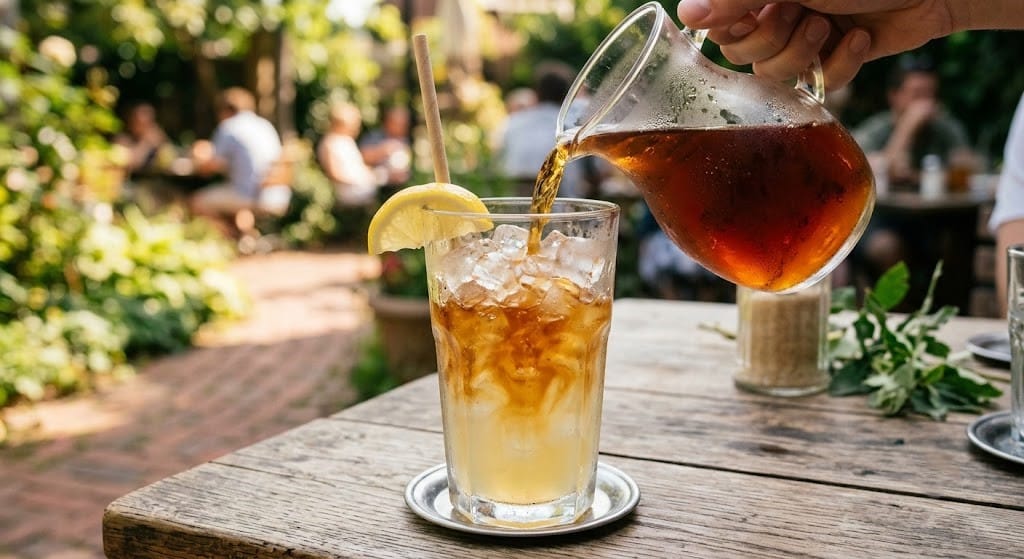 Mixing half sweet tea and half lemonade in a glass.