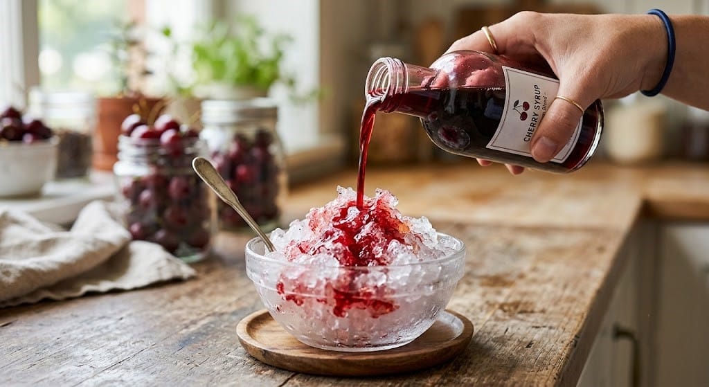 Pouring cherry syrup over crushed ice.