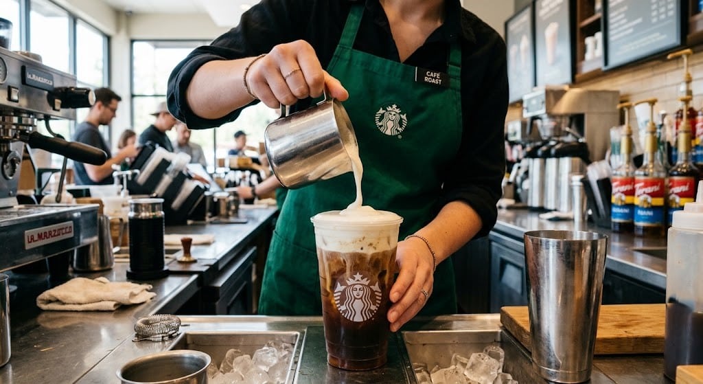 Adding cold foam to iced shaken espresso.