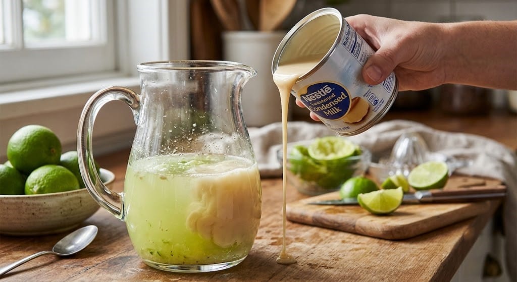 Adding condensed milk to fresh lime juice.