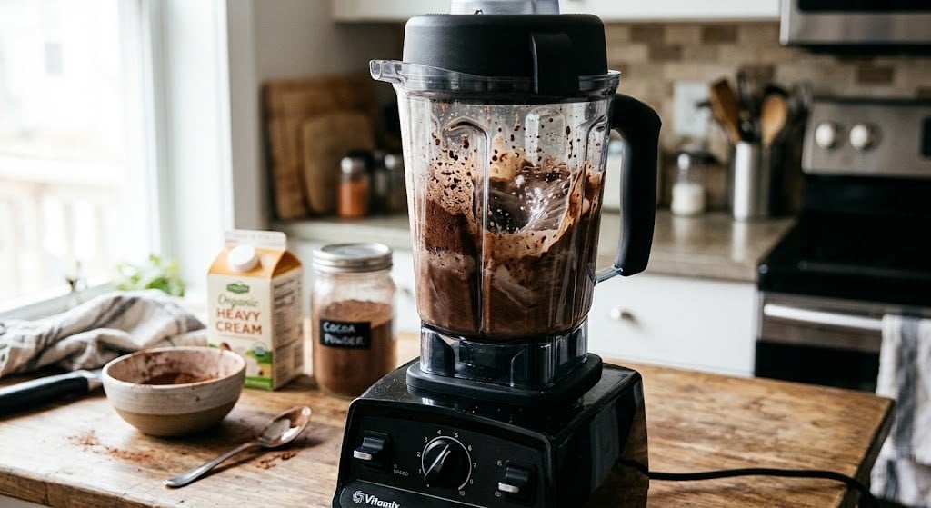 Blending cocoa powder and cream in a blender.