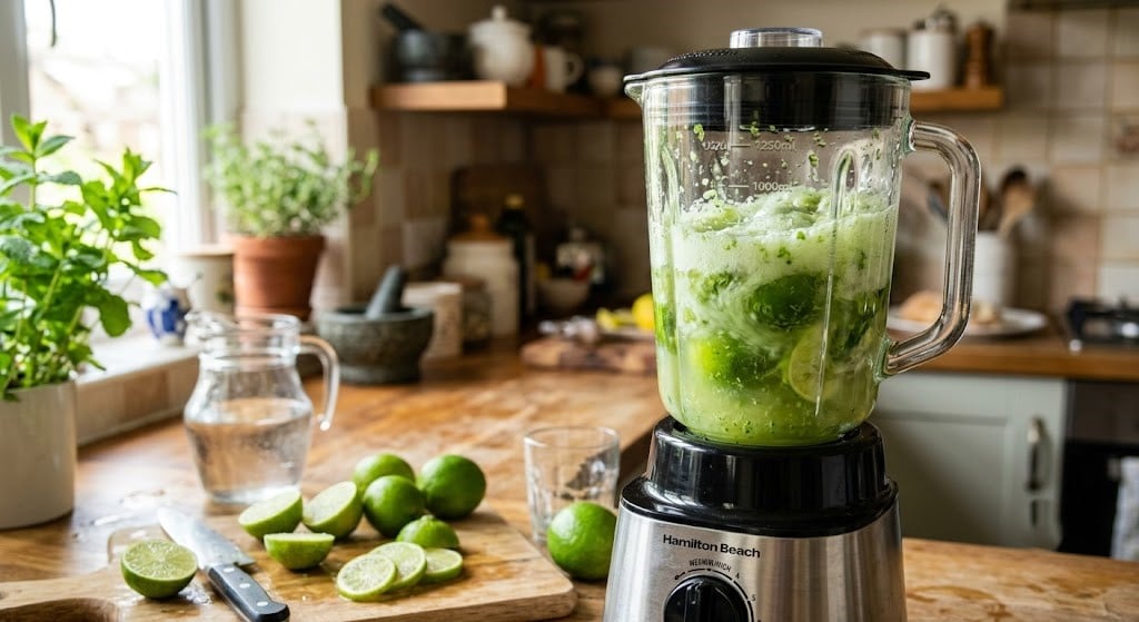 Blending fresh limes and water in a blender.