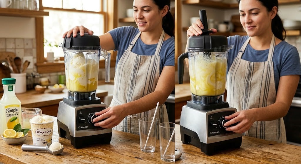 Blending ice cream and lemonade in a blender.