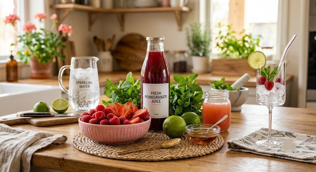 Ingredients for a pink mocktail recipe.
