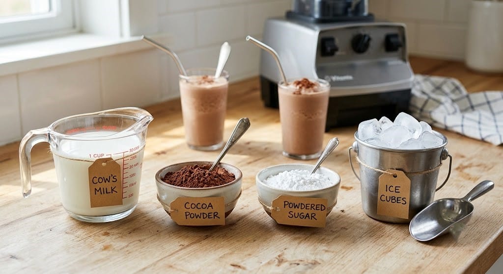 Ingredients to make a homemade chocolate frosty.