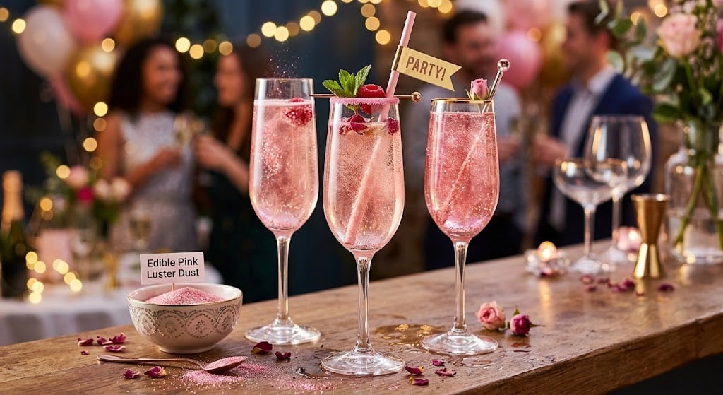 Pink edible luster dust for party drinks.