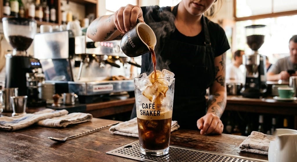 Pouring hot espresso over ice in a shaker.