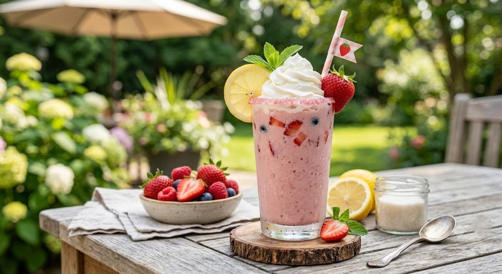 Strawberry frosted lemonade variation with fresh fruit.