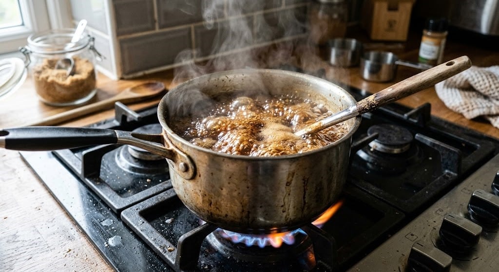 Boiling brown sugar and water in a saucepan.