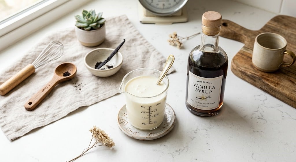 Ingredients for homemade vanilla sweet cream cold foam.