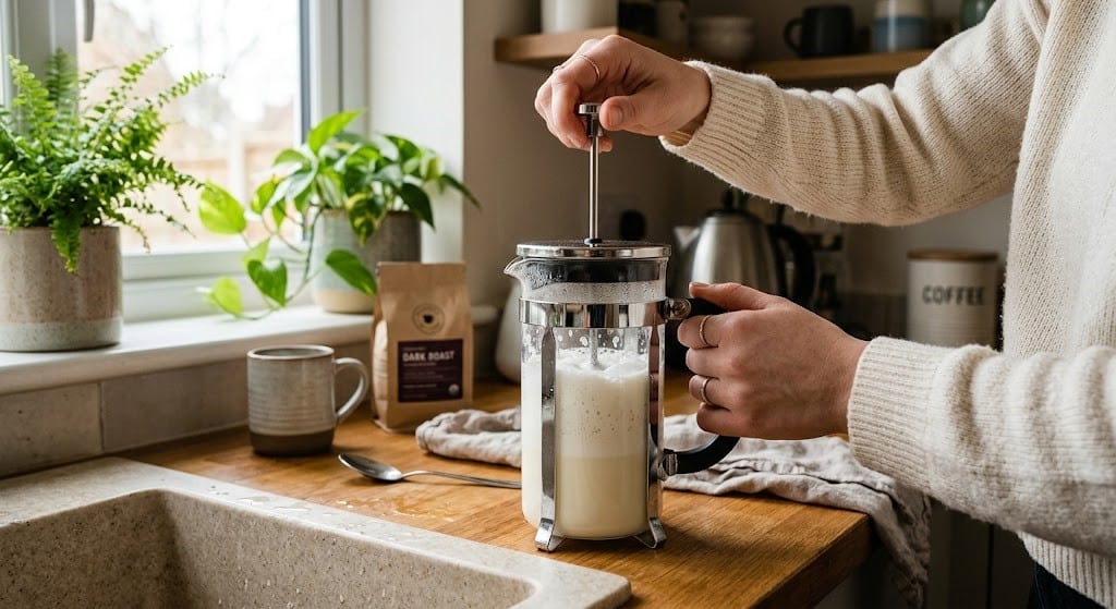 Making cold foam using a glass French press.
