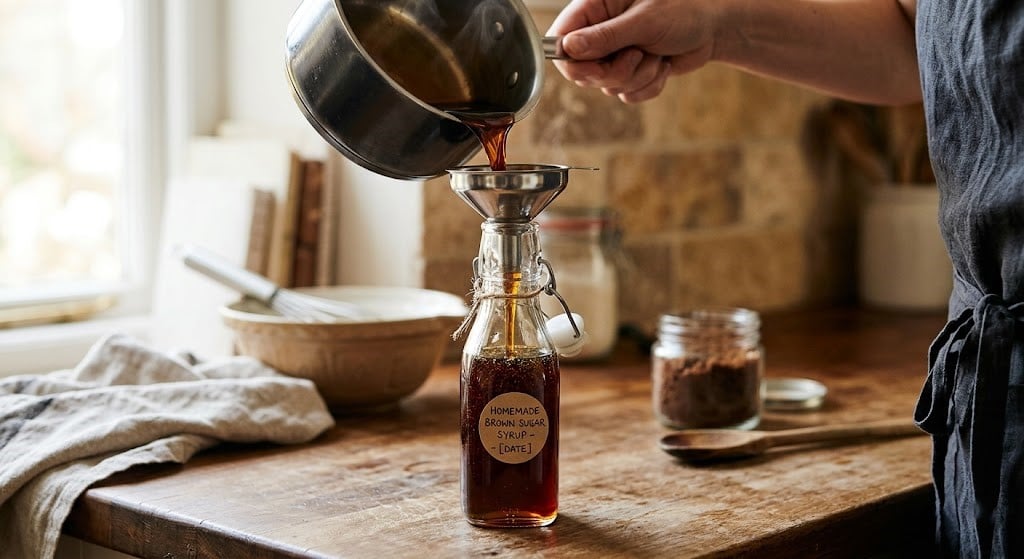 Storing homemade brown sugar syrup in a glass bottle.