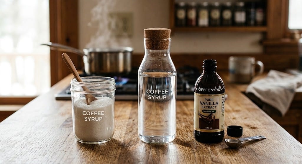 Three simple ingredients for homemade coffee syrup.