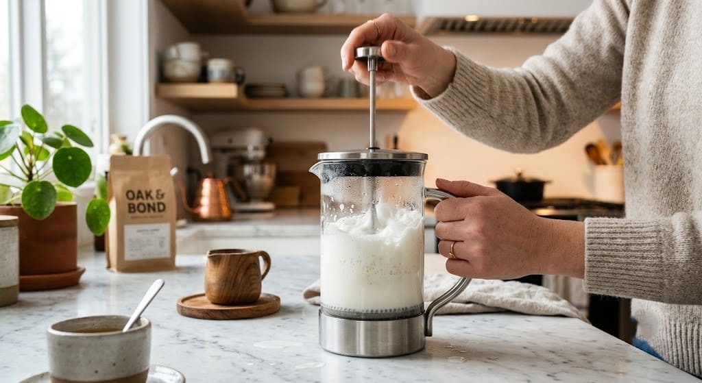 Using a handheld frother to make cold foam at home.